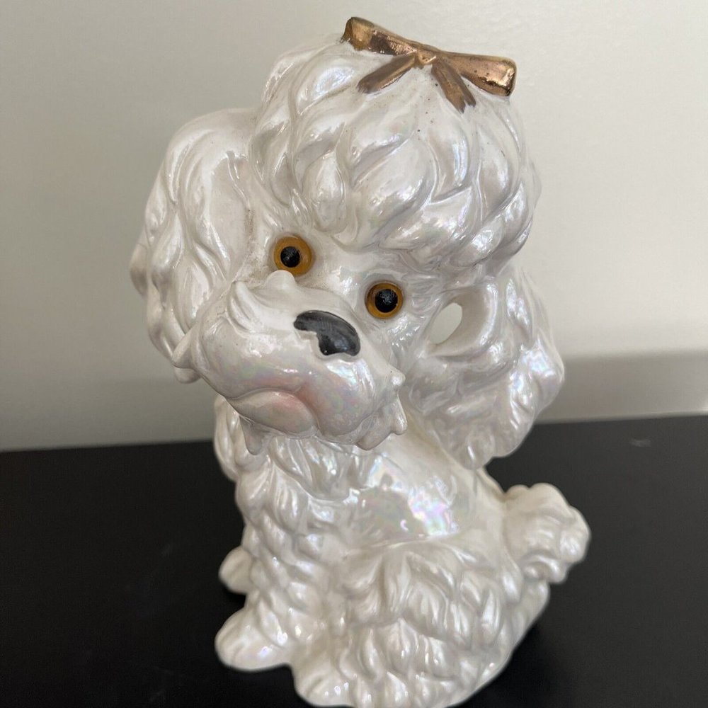 Vintage Poodle Dog Bank White Pearlescent 8” ￼Japan
